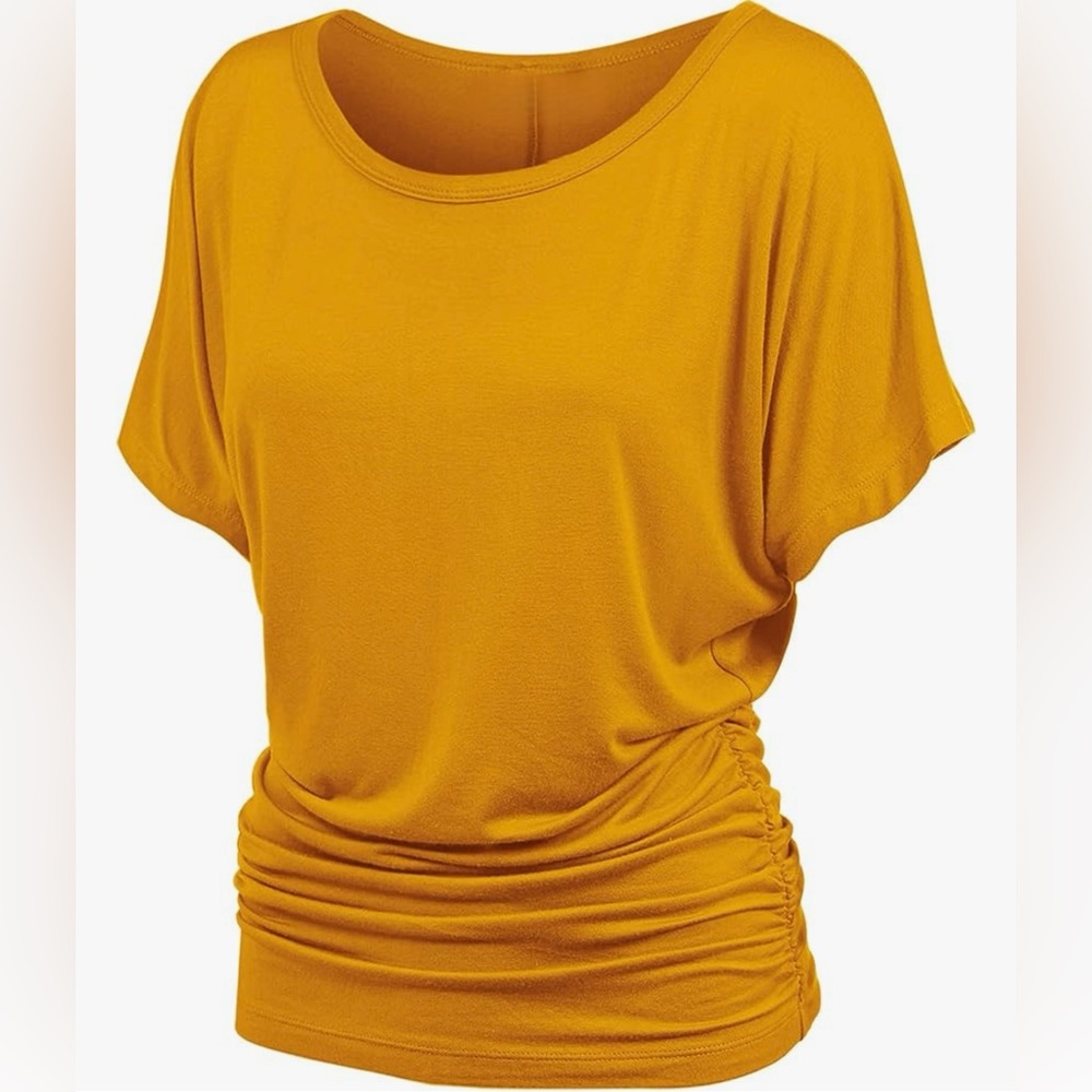 Casual Solid Short Sleeve Boat Neck Dolman Top with Side Shirring -mustard
